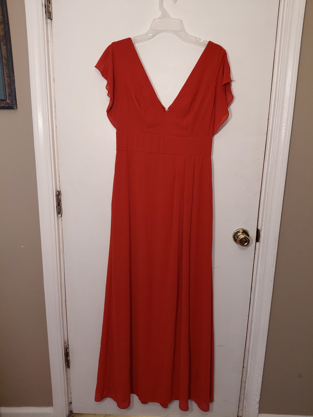Women's Red V-Neck Flutter Sleeve Maxi Dress